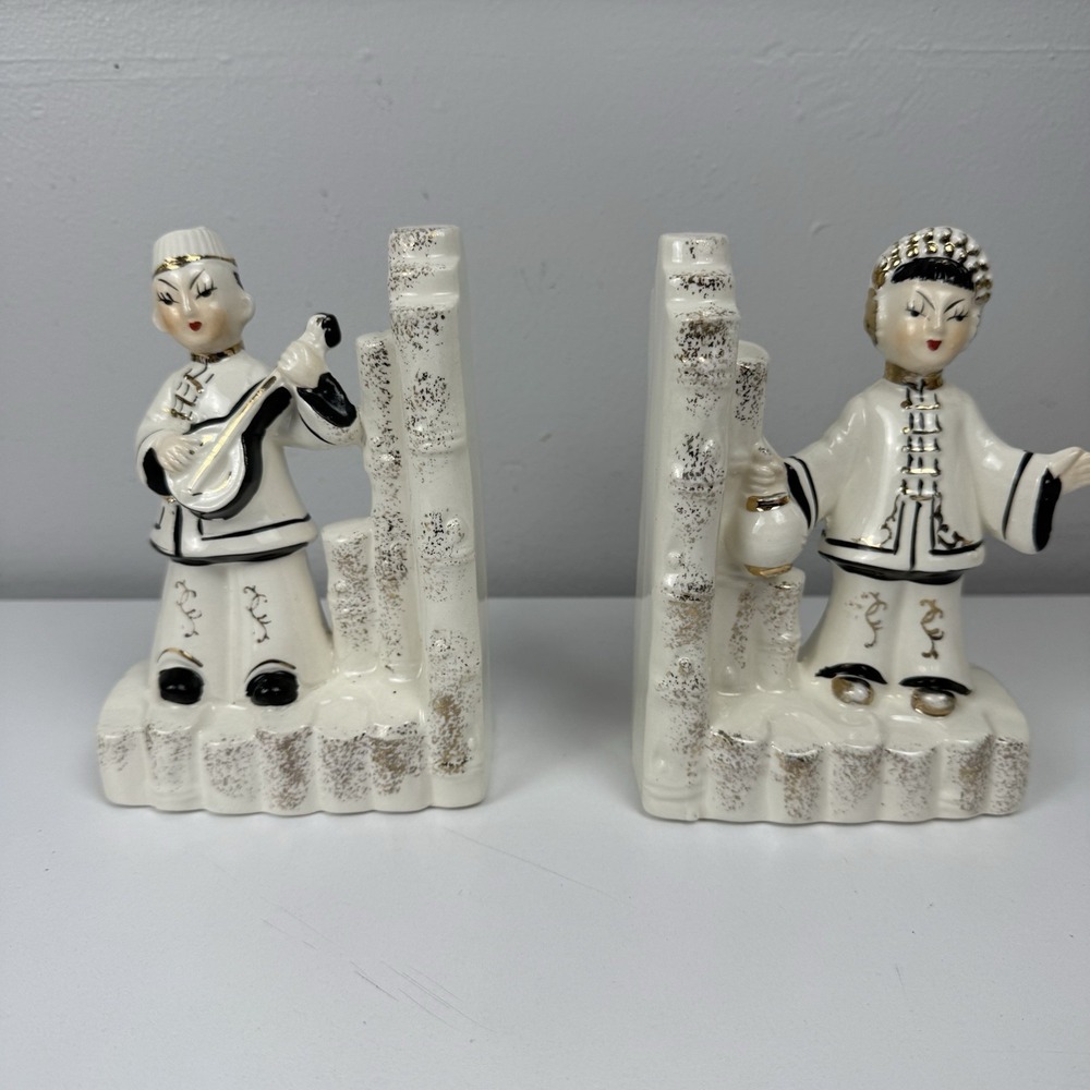 Vtg Asian Figurine Bookends Ceramic Chalkware MCM Japan Geisha Pair